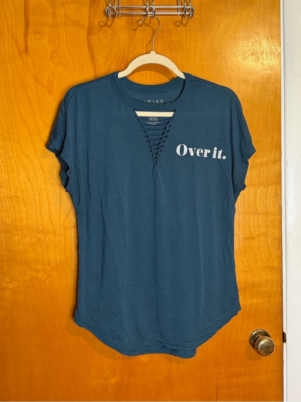 Awake Women's Short Sleeve Tee in Teal Blue with 'Over it.' Print